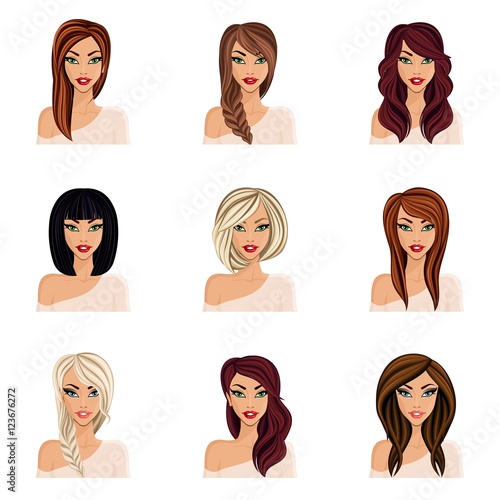 Set of hairstyles for girls, create your avatar, young woman girl. Hairstyles for long hair isolated. Face neck, eyes, lips. vector illustration