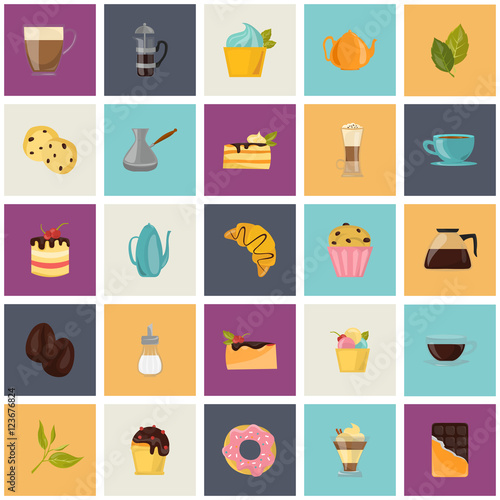 Set of different color coffee  tea and sweets icons. Flat design. Modern concept for web and mobile