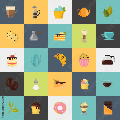 Set of different color coffee, tea and sweets icons. Flat design. Modern concept for web and mobile