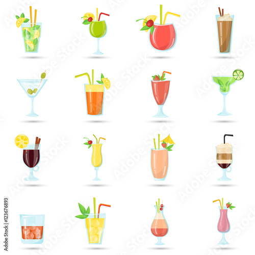 Set of different color cocktails icons. Flat design. Modern concept for web and mobile