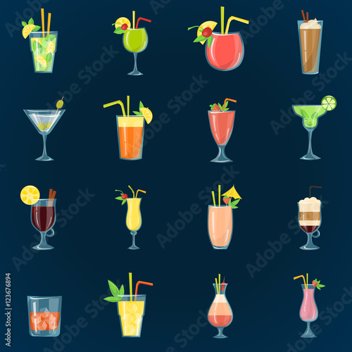 Set of different color cocktails icons. Flat design. Modern concept for web and mobile