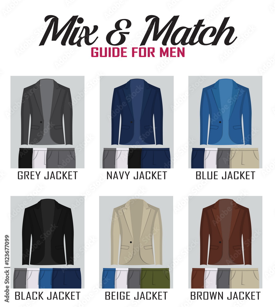 Mix Match одежда. Вектор костюм цвета. Пиджак Greywool Mark серый цвет в сочетании. Men Suit Colour variations.