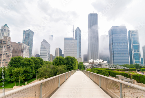 Cityscape of Chicago downtown from the Nichols Bridgeway pedestrian bridge in cloudy day. 