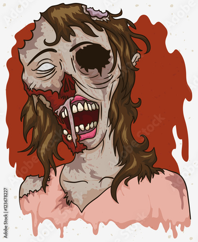 Female Rotten Zombie Design in Cartoon Style, Vector Illustration