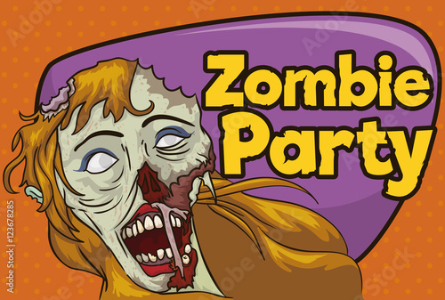 Invitation to Zombie Party with Undead Blond Haired Female, Vector Illustration