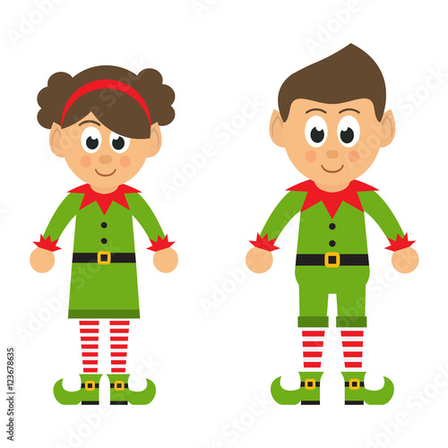 cartoon christmas elf girl and boy on a white background