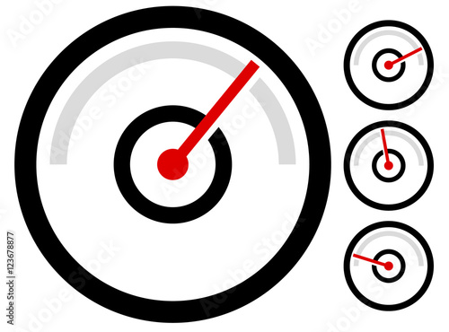 gauge meter symbol, icon at 4 stages. pressure gauge, odometer,