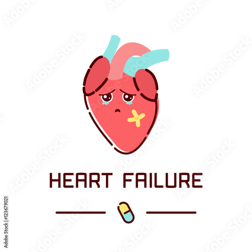 Heart failure disease awareness poster with sad cartoon heart on white background. Human body organs anatomy icon. Medical concept. Vector illustration.