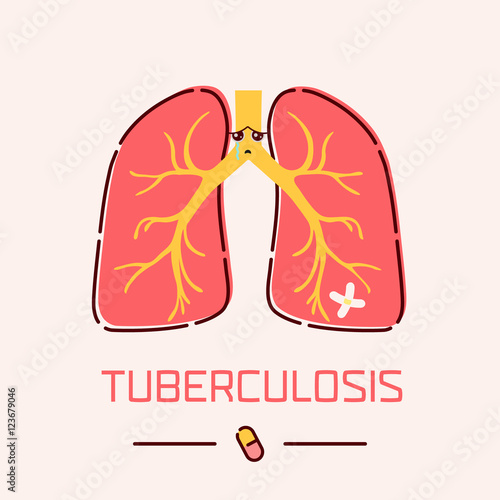 Tuberculosis awareness poster with sad cartoon lungs on light background. Human body organs anatomy icon. Medical concept. Vector illustration.