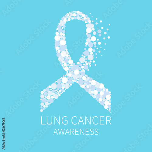 Lung cancer awareness poster with white ribbon made of dots on blue background. Human body organs anatomy icon. Respiratory system disease. Medical concept. Vector illustration.