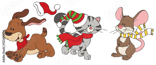 Hund, Katze und Maus mit Winterkleidung
