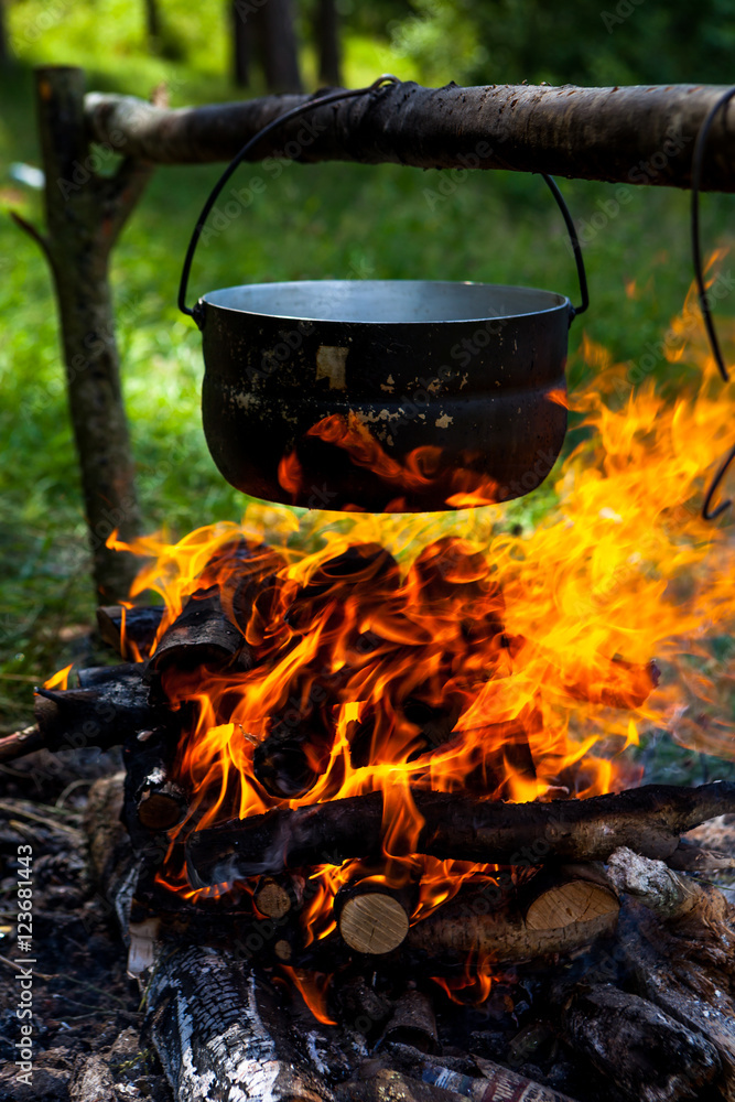 pot on the fire with mushrooms in the forest on the banks of the river in nature pot on the fire with mushrooms in the forest on the banks of the river in nature
