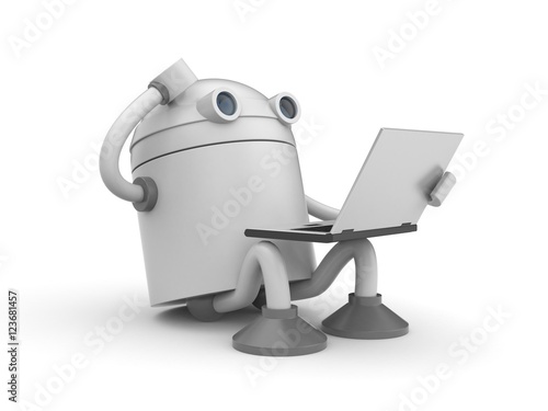 The robot is sitting with laptop and thinking about something. 3d illustration