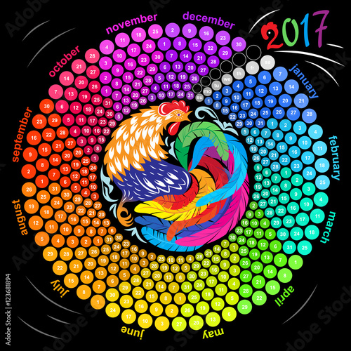 Decorative abstract cock in wheel calendar grid. Ornamental colorful rooster in the form of a circle. Drawing Chinese characters of the New Year 2017. 