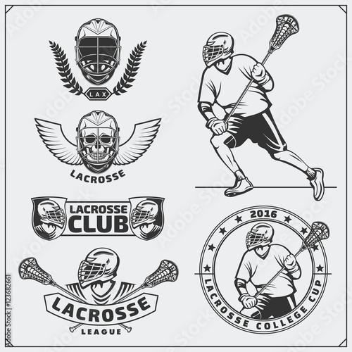 Lacrosse club labels, emblems, design elements and silhouettes of the players.