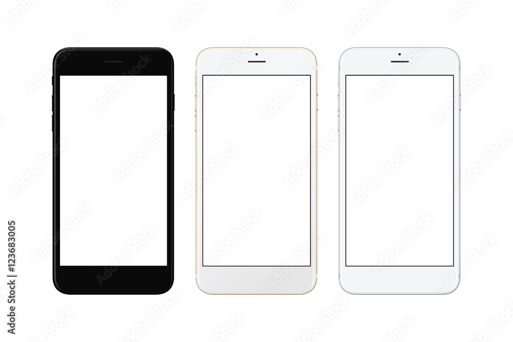 Black, white silver and white gold smart phone isolated. White screen for mockup. Black, white silver and white gold smart phone isolated. White screen for mockup.