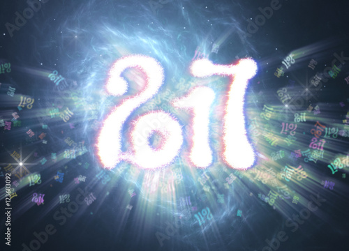 Happy new year 2017 isolated numbers written with light on bright bokeh background full of flying digits 3d illustration