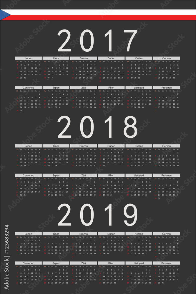 Fototapeta premium Set of black rectangle Czech 2017, 2018, 2019 year vector calend