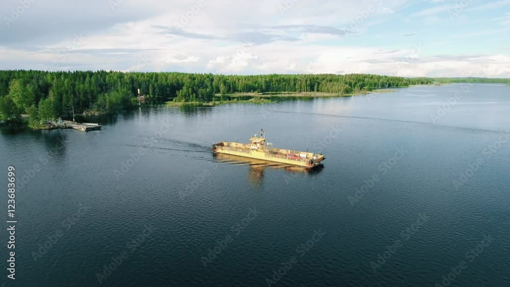 Aerial Shot of Ferry with Cars and People Crossing forest River Aerial Shot of Ferry with Cars and People Crossing forest River