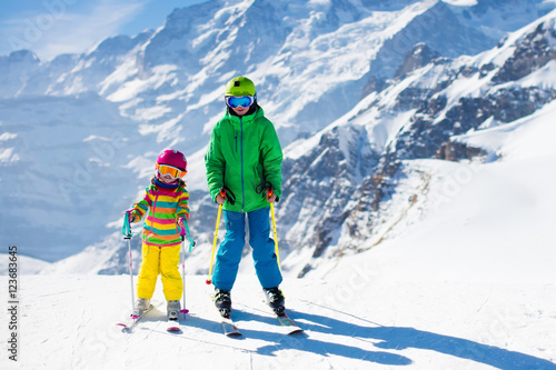 Children skiing in the mountains