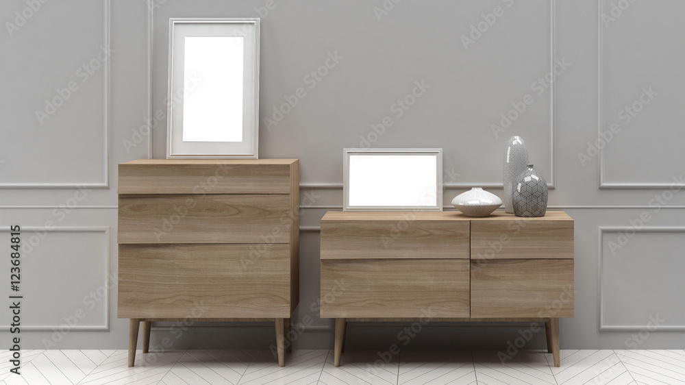 Chest of drawers with frames and vases Chest of drawers with frames and vases