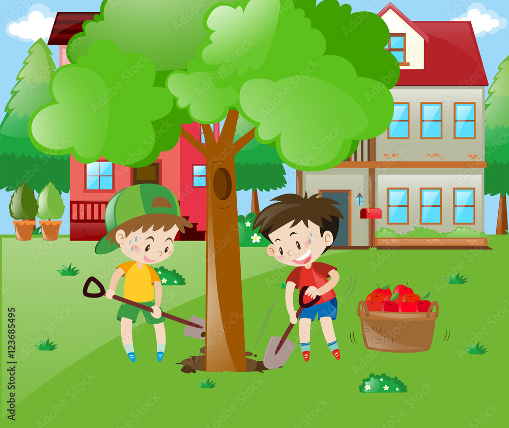 Two boys planting big tree in the garden