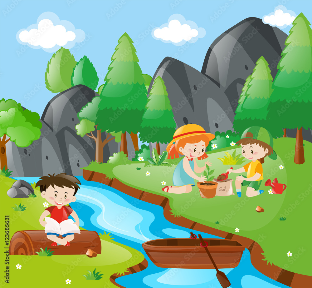 Naklejka premium Children planting tree in the forest