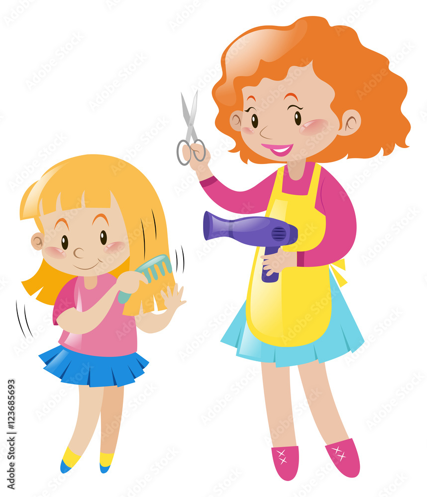 Girl combing hair and mother with blow dryer Girl combing hair and mother with blow dryer
