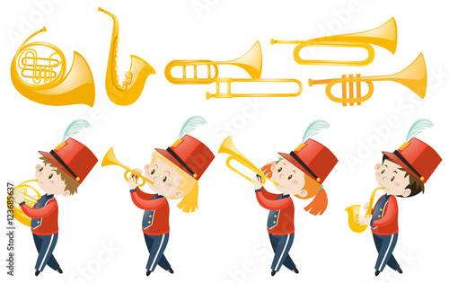 Set of children playing musical instruments