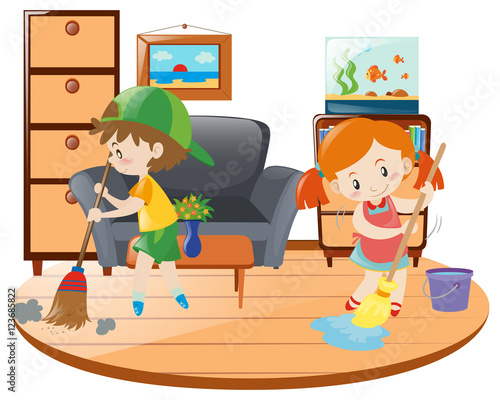 Boy and girl cleaning living room