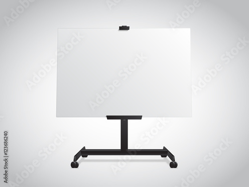 Black easel on the floor stand with wheels and blank white Canvas mockup