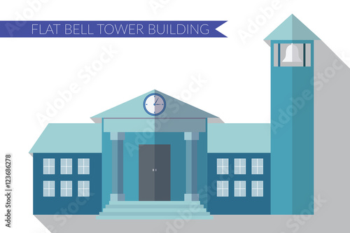 Flat design modern vector illustration of building with bell tower icon, with long shadow