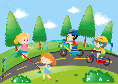 Children racing bike in the park