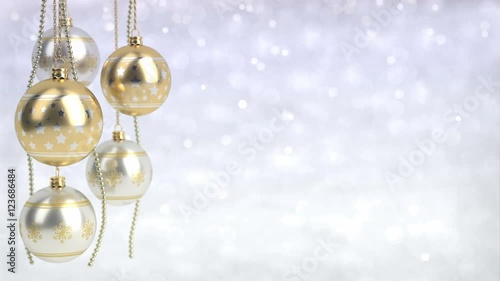 golden and silver christmas balls with bokeh background. Seamless loop. 3D render