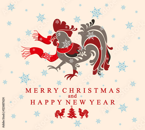 Holiday card. Rooster in snowflakes. Merry Christmas and Happy New Year. Year of the Rooster.
