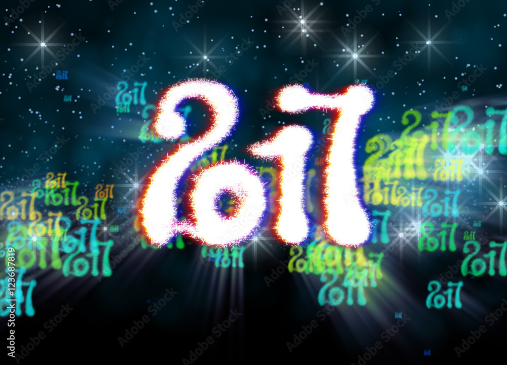 Happy new year 2017 isolated numbers written with light on bright bokeh background full of flying digits 3d illustration