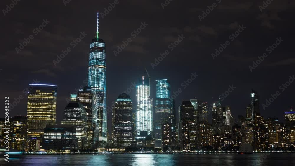 Lower Manhattan and Freedom Tower and Boats Night Timelapse New York