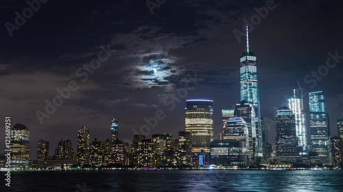 Lower Manhattan and Freedom Tower and Moon New York City Night Timelapse