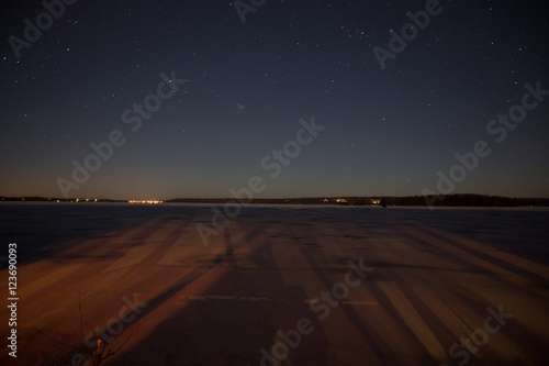 A long exposure of stars and a frozen lake photo