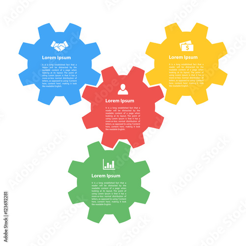 Infographic concept: four gears solid style diagram process vector illustration