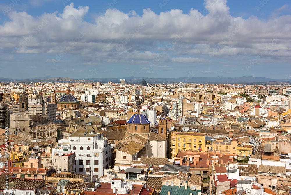 Panoramic view of Valencia from the tower observation deck in Spain. Colorful historic architecture of European city.