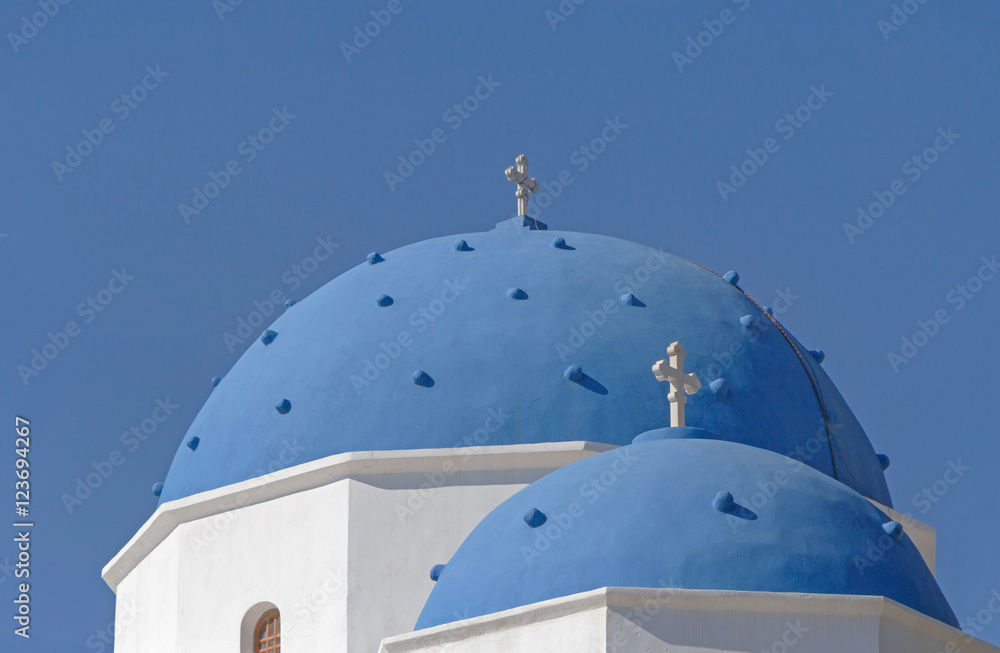 two domes of church of Holy Cross in Perissa on Santorini