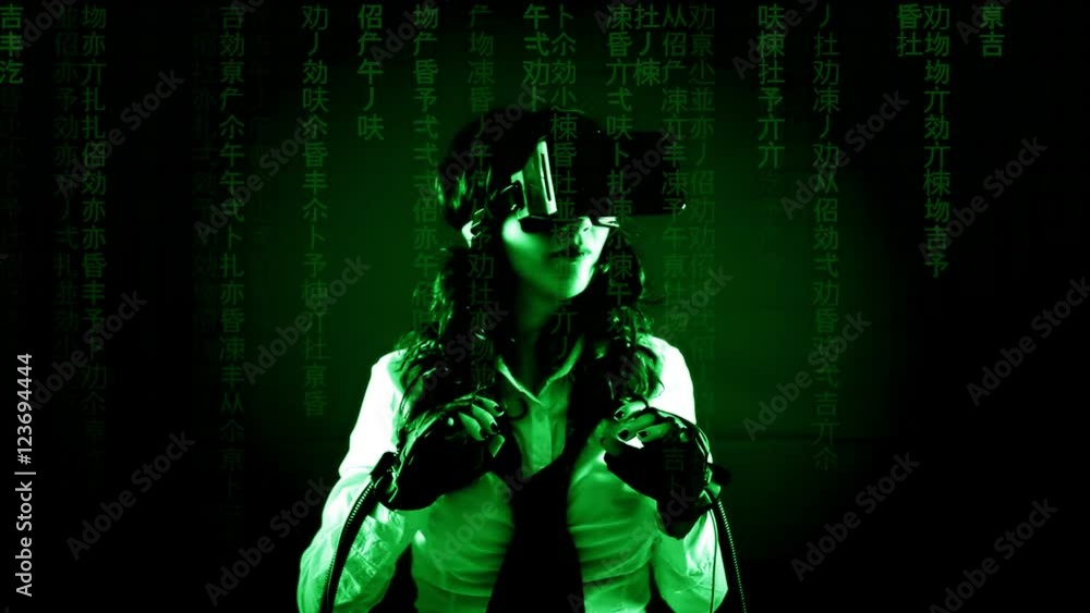 A girl wearing a virtual reality headset and wired gloves, looking scared. Front shot. Matrix fx.
