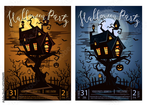 Halloween party banner set with spooky castle on tree in mystic forest at night under full moon. Cartoon vector illustration. Halloween background, night scene with haunted house and flying bats