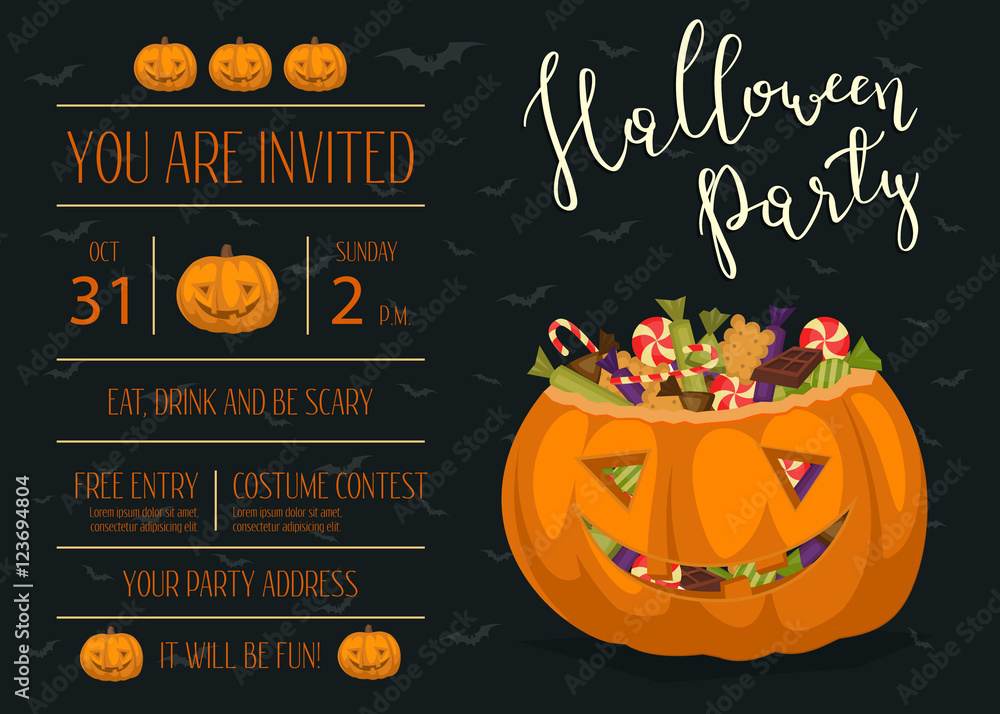 Vintage Halloween party invitation with scary pumpkin head jack full of ...