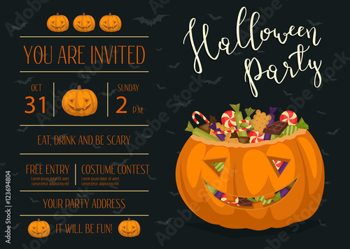 Vintage Halloween party invitation with scary pumpkin head jack full of sweet candies, isolated cartoon vector illustration on black background. Trick or treat concept. Happy Halloween design template