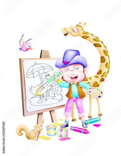 A painter monkey near giraffe,