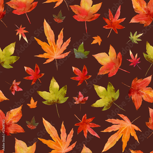 Watercolor painting leaf maple orange red style collage arranged in a pattern on a brown background.