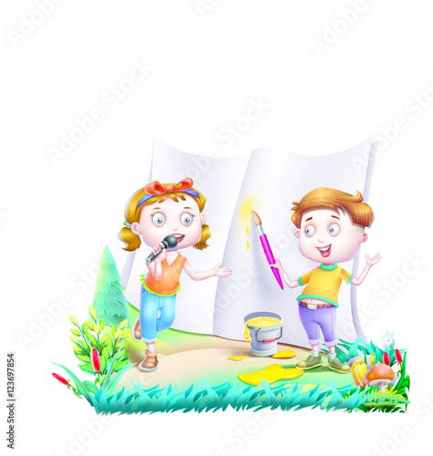 3d Boy painting on paper an...