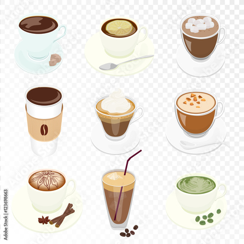 Set of different Vector Coffee cup and many kinds of coffee for cafe restaurant coffee menu isolated on the alpha transpetant background.